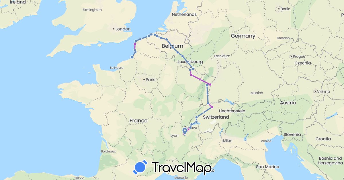 TravelMap itinerary: driving, cycling, train in Belgium, Switzerland, France (Europe)